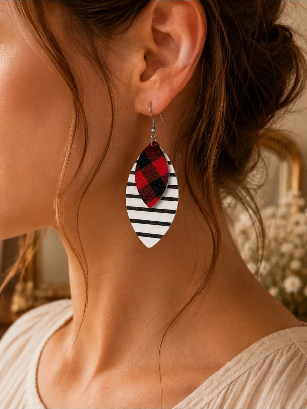 Striped White & Red Buffalo Plaid Layered Leather Earrings